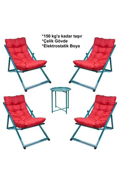 HASTUNÇ Minderli - Zeetpqa Şezlong Seti Bahçe&balkon&teras&plaj Katlanır Dörtlü Set - 4 Şezlong 1 Sehpa