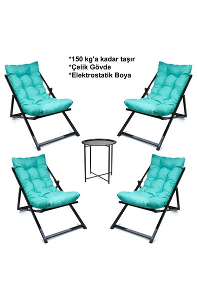 HASTUNÇ Minderli - Minvaa Şezlong Seti Bahçe&balkon&teras&plaj Katlanır Ikili Set -4 Şezlong 1 Sehpa