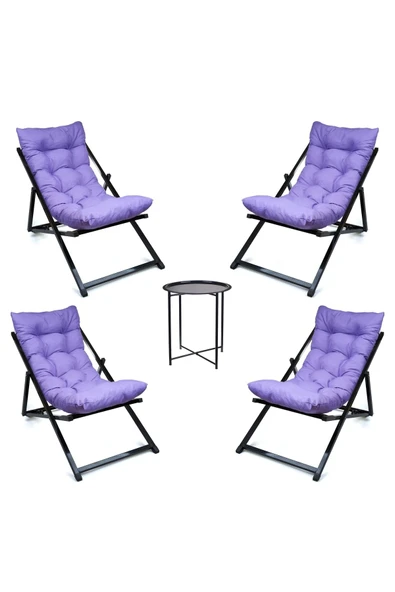 HASTUNÇ Minderli - Minvaa Şezlong Seti Bahçe&balkon&teras&plaj Katlanır Ikili Set -4 Şezlong 1 Sehpa