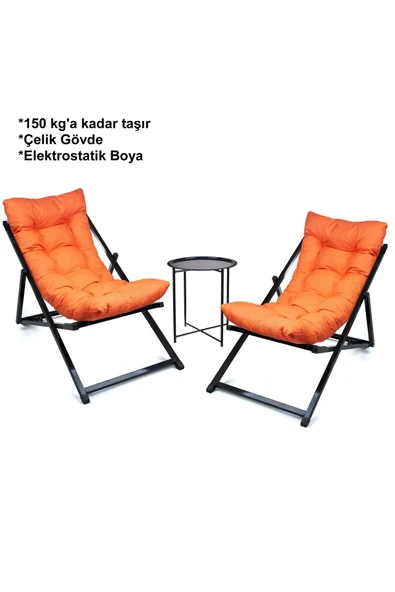 HASTUNÇ Minderli - Mxozra Şezlong Seti Bahçe&balkon&teras&plaj Katlanır Ikili Set - 2 Şezlong 1 Sehpa