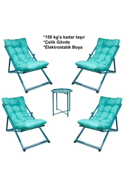 HASTUNÇ Minderli - Minaas Şezlong Seti Bahçe&balkon&teras&plaj Katlanır Ikili Set -4 Şezlong 1 Sehpa