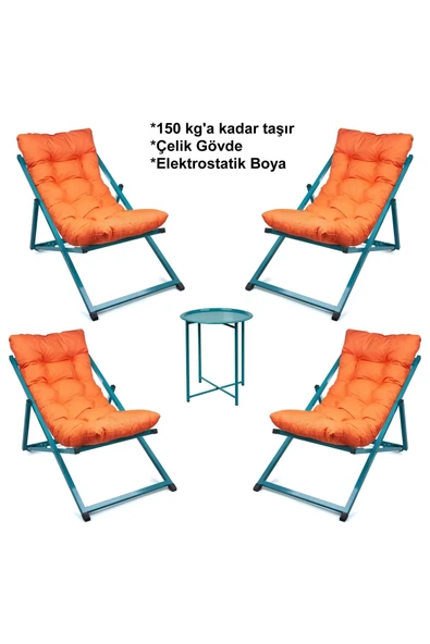HASTUNÇ Minderli - Minaas Şezlong Seti Bahçe&balkon&teras&plaj Katlanır Ikili Set -4 Şezlong 1 Sehpa