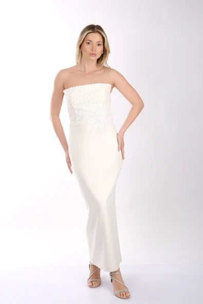 Ankyra Straplez Tüy Detaylı Krep Kumaş Abiye Elbise 25Y3607 - Resim 10