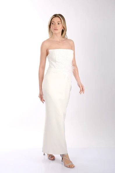 Ankyra Straplez Tüy Detaylı Krep Kumaş Abiye Elbise 25Y3607 - Resim 8