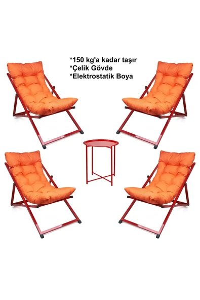 HASTUNÇ Minderli - Minaaaa Şezlong Seti Bahçe&balkon&teras&plaj Katlanır Ikili Set -4 Şezlong 1 Sehpa
