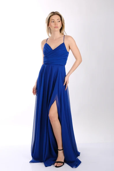 Dori İnce Askılı Önden Yırtmaçlı Drape Kiloş Abiye Elbise 00KB6128