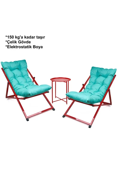 HASTUNÇ Minderli - Moaara Şezlong Seti Bahçe&balkon&teras&plaj Katlanır Ikili Set - 2 Şezlong 1 Sehpa