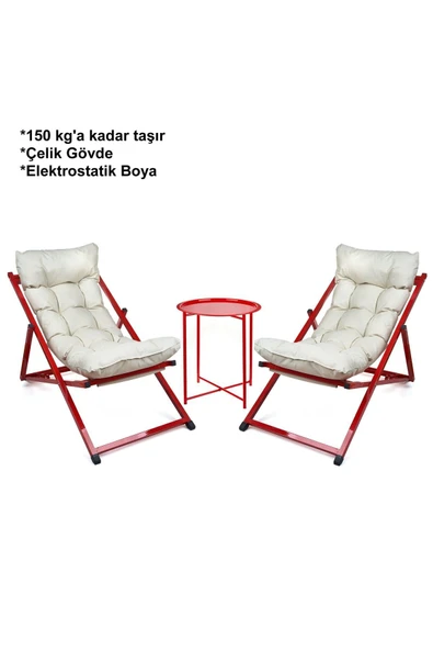 HASTUNÇ Minderli - Zeta Şezlong Seti Bahçe&balkon&teras&plaj Katlanır Ikili Set - 2 Şezlong 1 Sehpa