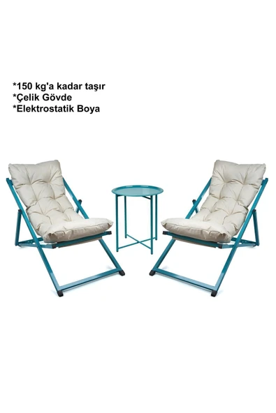 HASTUNÇ Minderli - Zetas Şezlong Seti Bahçe&balkon&teras&plaj Katlanır Ikili Set - 2 Şezlong 1 Sehpa