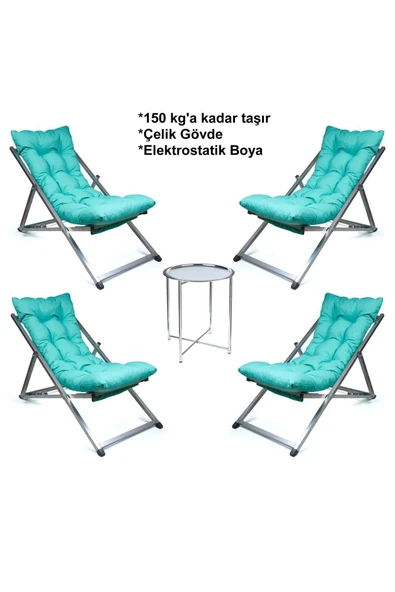 HASTUNÇ Minderli - Zeetpa Şezlong Seti Bahçe&balkon&teras&plaj Katlanır Dörtlü Set - 4 Şezlong 1 Sehpa