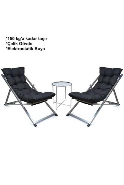 HASTUNÇ Minderli - Maora Şezlong Seti Bahçe&balkon&teras&plaj Katlanır Ikili Set - 2 Şezlong 1 Sehpa