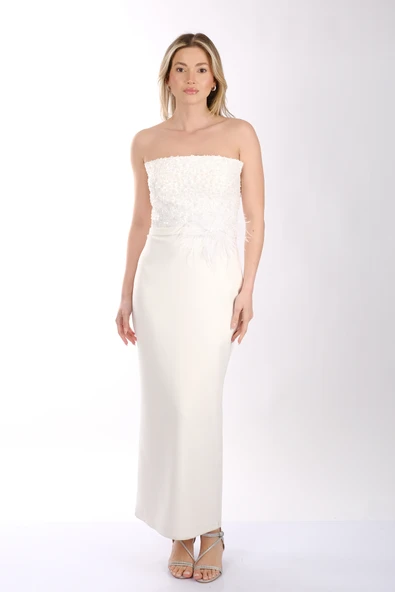 Ankyra Straplez Tüy Detaylı Krep Kumaş Abiye Elbise 25Y3607 - Resim 3