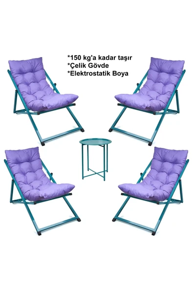 HASTUNÇ Minderli - Minaas Şezlong Seti Bahçe&balkon&teras&plaj Katlanır Ikili Set -4 Şezlong 1 Sehpa