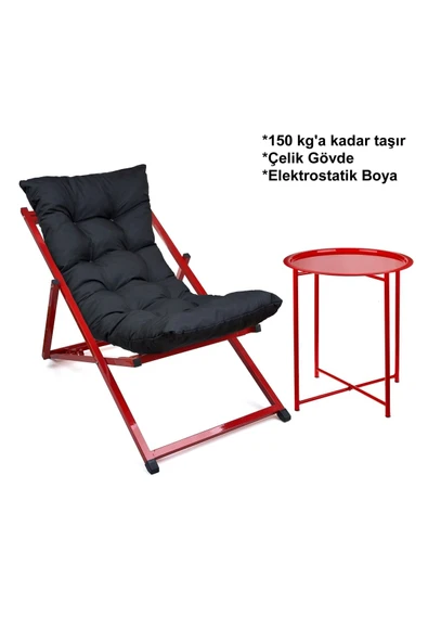 HASTUNÇ Minderli - Mirrasaa Şezlong Seti Bahçe&balkon&teras&plaj Katlanır Set - 1 Şezlong 1sehpa