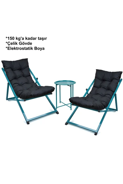 HASTUNÇ Minderli - Mortasa Şezlong Seti Bahçe&balkon&teras&plaj Katlanır Ikili Set - 2 Şezlong 1 Sehpa