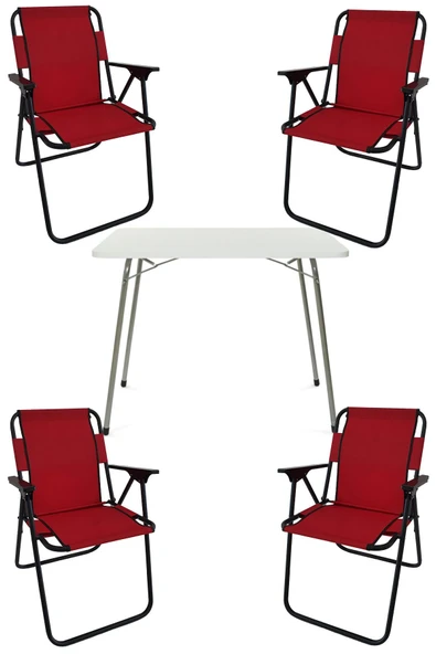 Bofigo 60x80 Beyaz Katlanır Masa + 4 Adet Katlanır Sandalye Kamp Seti Bahçe Takımı Kırmızı ürün görseli