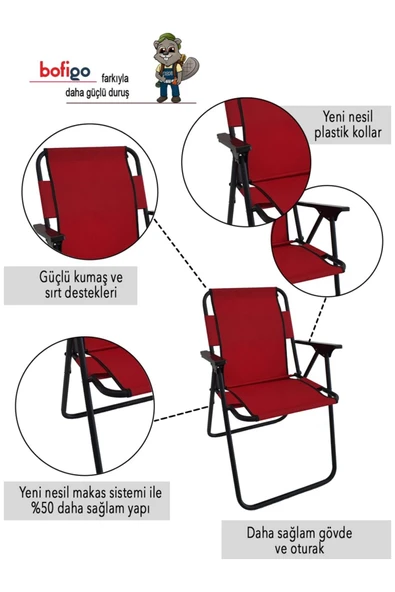 Bofigo 4 Adet Kamp Sandalyesi Katlanır Sandalye Piknik Sandalyesi Plaj Sandalyesi Kırmızı - Resim 3