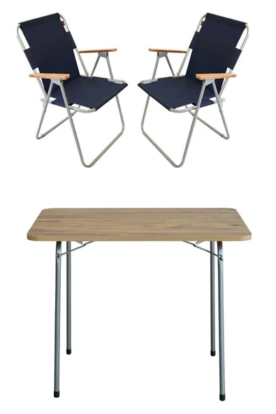 Bofigo 60x80 Çam Katlanır Masa + 2 Adet Katlanır Sandalye Kamp Seti Bahçe Balkon Takımı Lacivert ürün görseli