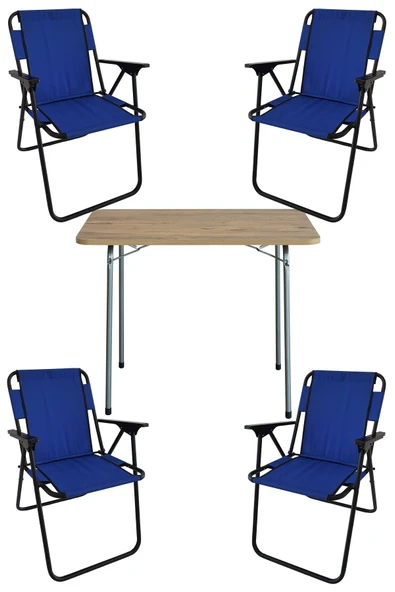 Bofigo 60x80 Çam Desenli Katlanır Masa + 4 Adet Katlanır Sandalye Kamp Seti Bahçe Takımı Mavi ürün görseli