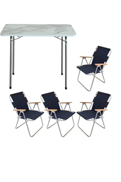 Bofigo 60x80 Çam Katlanır Masa + 4 Adet Katlanır Sandalye Kamp Seti Bahçe Balkon Takımı Lacivert ürün görseli
