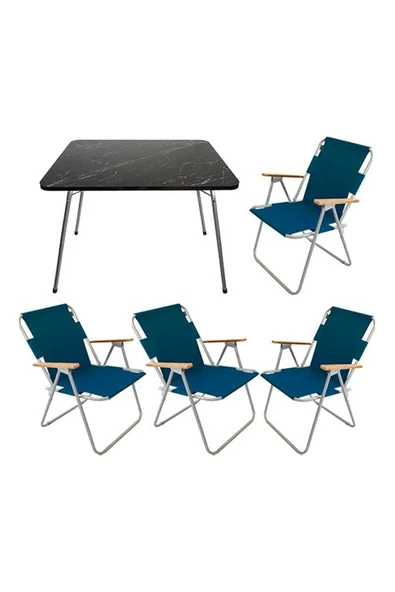 Mocca Style 60x80 Katlanır Masa + 4 Adet Lacivert- Mavi Kamp Sandalyesi Katlanır Sandalye ürün görseli 1