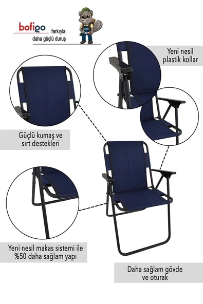 Bofigo 2 Adet Kamp Sandalyesi Katlanır Sandalye Piknik Sandalyesi Plaj Sandalyesi Lacivert - 3