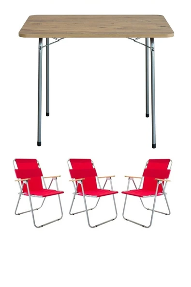 Bofigo 60x80 Çam Katlanır Masa + 3 Adet Katlanır Sandalye Kamp Seti Bahçe Balkon Takımı Kırmızı ürün görseli