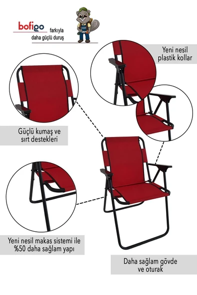 Bofigo Metal Kamp Sandalyesi Katlanır Sandalye Piknik Sandalyesi Plaj Sandalyesi Kırmızı. Katlanabilir Tek - 3