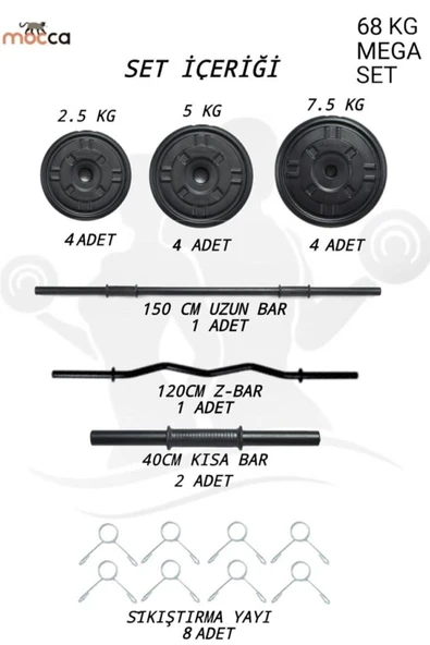 Mocca Style 68 Kg Z-barlı Megaset Halter Seti Ve Dambıl Seti, Uzun Bar 150 Cm Ağırlık Seti ,fitness Seti - 3
