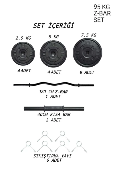 Mocca Style 95 KG Z Barlı Ağırlık Seti 95 Kg Vücut Geliştirme Aleti Halter Seti (90 kg Plaka Ağırlığı) - 2