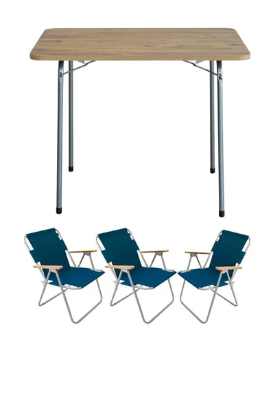 Bofigo 60x80 Çam Katlanır Masa + 3 Adet Katlanır Sandalye Kamp Seti Bahçe Balkon Takımı Mavi ürün görseli