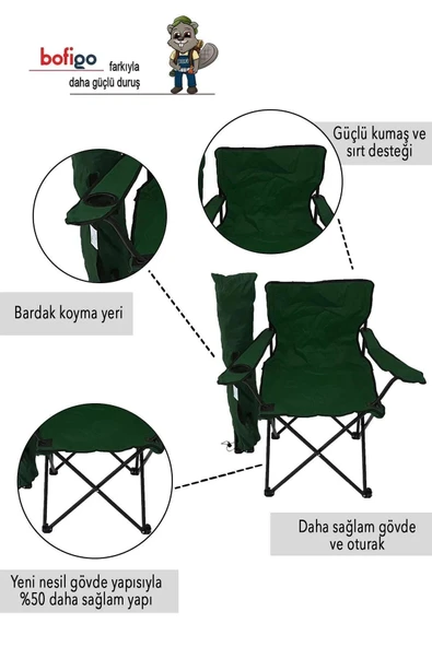 Bofigo 4 Adet Kamp Sandalyesi Katlanır Sandalye Bahçe Koltuğu Piknik Plaj Balkon Sandalyesi Yeşil - 2