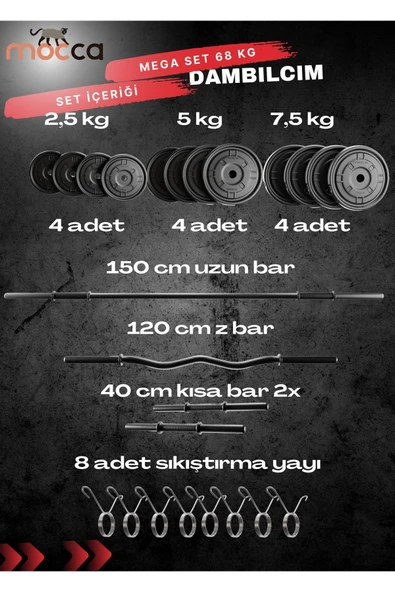 Mocca Style 68 Kg Z-barlı Megaset Halter Seti Ve Dambıl Seti, Uzun Bar 150 Cm Ağırlık Seti ,fitness Seti - 2