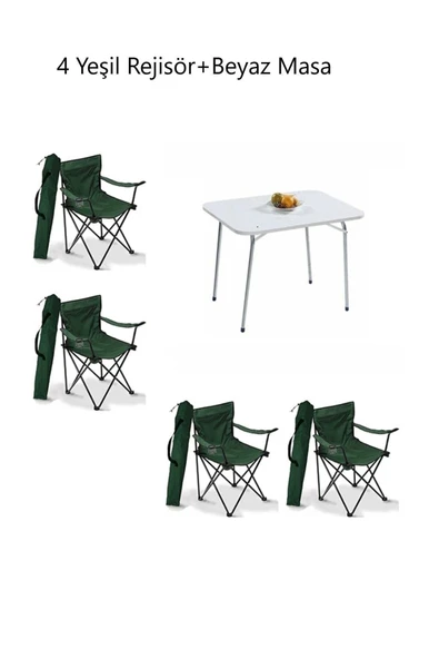 Mocca Style 60x80 Katlanır Beyaz Masa+ 4 Adet Yeşil Rejisör Sandalyesi Katlanır, Sandalye Piknik Plaj Sandalyesi - Resim 2