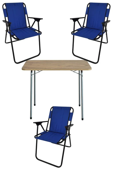 Bofigo 60x80 Çam Desenli Katlanır Masa + 3 Adet Katlanır Sandalye Kamp Seti Bahçe Takımı Mavi ürün görseli