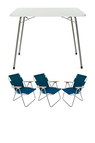 Bofigo 60x80 Katlanır Masa + 3 Adet Katlanır Sandalye Kamp Seti Bahçe Balkon Takımı Mavi ürün görseli
