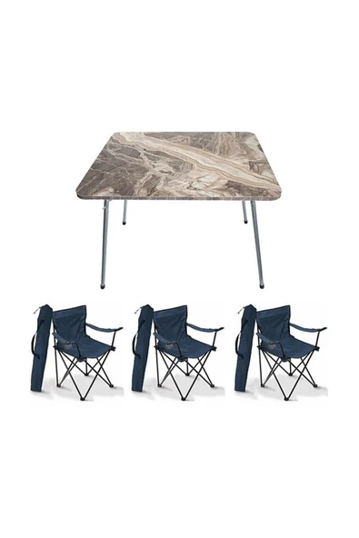Mocca Style 60x80 Katlanır Mermer Masa+ 3 Adet Mavi Rejisör, Sandalye Piknik Plaj Sandalyesi ürün görseli