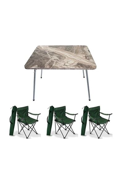 Mocca Style 60 x 80 Katlanır Mermer Masa+ 3 Adet Yeşil Rejisör, Sandalye Piknik Plaj Sandalyesi - Resim 2