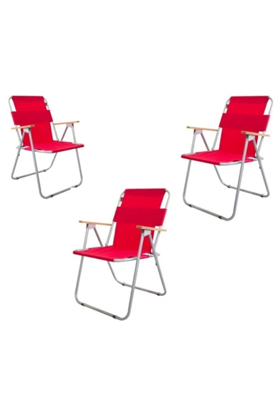 Bofigo Bahçe Sandalyesi Katlanır Sandalye Balkon Sandalyesi Ahşap Kollu Piknik 3 Adet Kırmızı ürün görseli 1