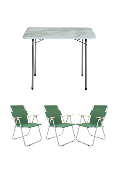 Bofigo 60x80 Çam Katlanır Masa + 3 Adet Katlanır Sandalye Kamp Seti Bahçe Balkon Takımı Yeşil ürün görseli