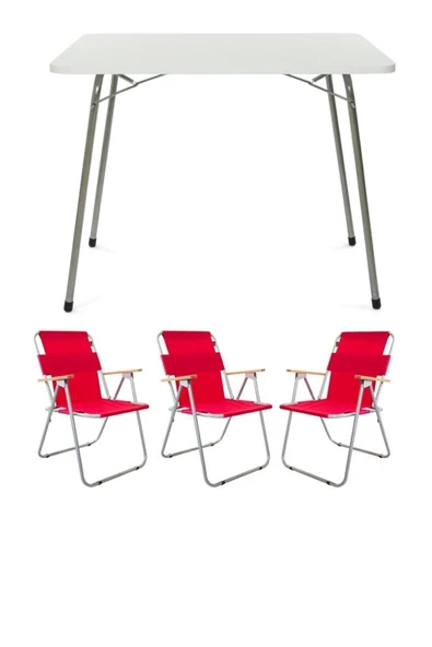 Bofigo Katlanır Masa ve 3 Adet Katlanır Sandalye Kamp Seti Kırmızı ürün görseli