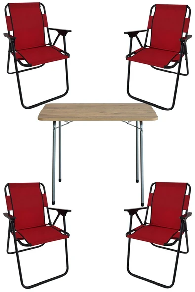 Bofigo 60x80 Çam Desenli Katlanır Masa + 4 Adet Katlanır Sandalye Kamp Seti Bahçe Takımı Kırmızı ürün görseli