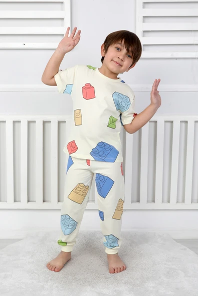 Erkek Çocuk %100 Pamuk Baskılı Pijama Takımı – Kısa Kollu, Sevimli Desenler - 12