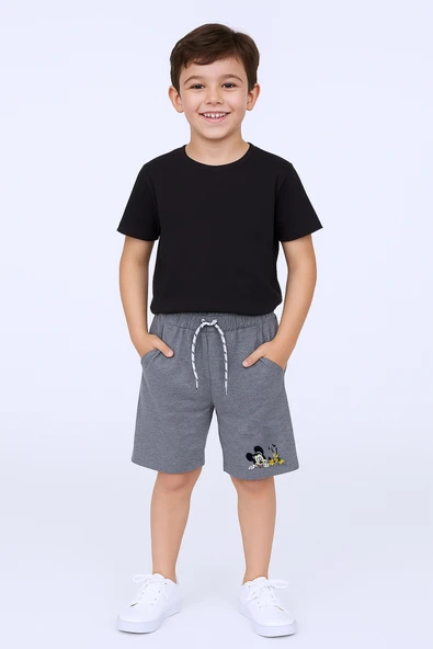 ERKEK ÇOCUK ŞORT CEPLİ DÜZ RENK BASKILI RAHAT KALIP E34 - 3