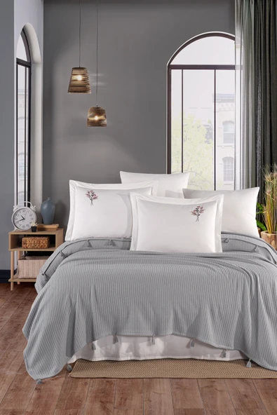 Newhome Çift Kişilik Saçaklı El Nakışlı  %100 Pamuk Lüx Pike Takımı Gri - 2