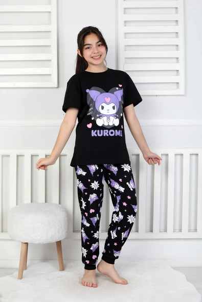 Kız Çocuk Kuromi Desenli %100 Pamuk Pijama Takımı – Yazlık Ev Giyimi – Rahat Nefes Alabilen Kısa Kollu Üst ve Uzun Alt - 8
