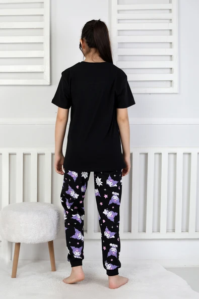 Kız Çocuk Kuromi Desenli %100 Pamuk Pijama Takımı – Yazlık Ev Giyimi – Rahat Nefes Alabilen Kısa Kollu Üst ve Uzun Alt - 6