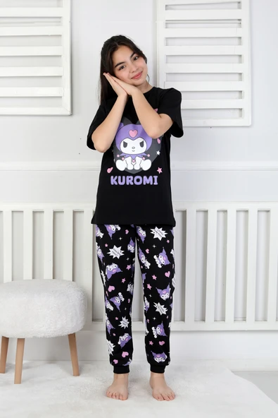 Kız Çocuk Kuromi Desenli %100 Pamuk Pijama Takımı – Yazlık Ev Giyimi – Rahat Nefes Alabilen Kısa Kollu Üst ve Uzun Alt - 7
