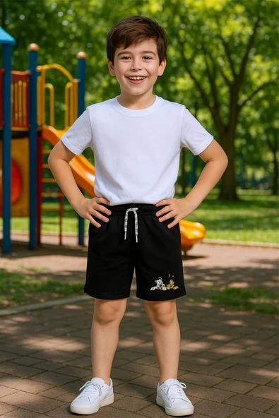 ERKEK ÇOCUK ŞORT CEPLİ DÜZ RENK BASKILI RAHAT KALIP E34 - 7