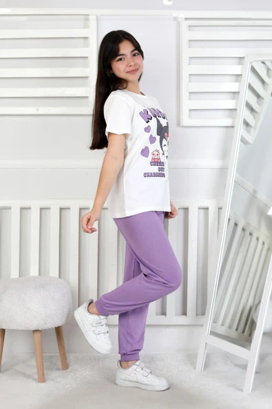 Kız Çocuk Kuromi Desenli %100 Pamuk Pijama Takımı – Yazlık Ev Giyimi – Rahat Nefes Alabilen Kısa Kollu Üst ve Uzun Alt - 3